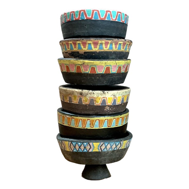 Vintage Painted Ceramic Pedestal Bowls - Set of 6 For Sale