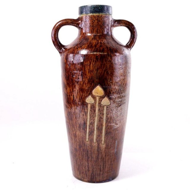 Ceramic Antique Belgian Majolica Art Pottery Twin-Handled Vase with Toadstool Motif For Sale - Image 7 of 14