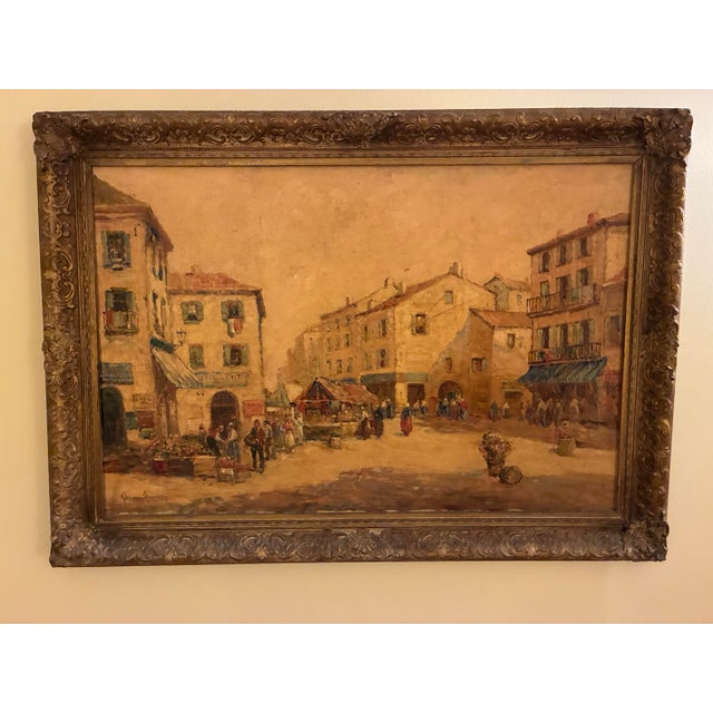 European Market Scene, an original oil on canvas by Dennis Ainsley, depicts a lively Old World town square with market...
