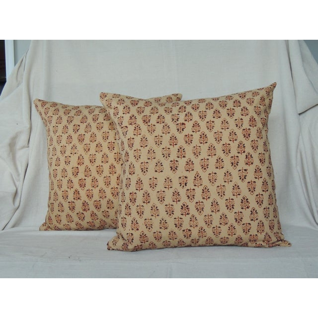 Indian Vintage Orange Hand-Blocked Indian Print Decorative Square Pillows - Set of 2 For Sale - Image 3 of 6