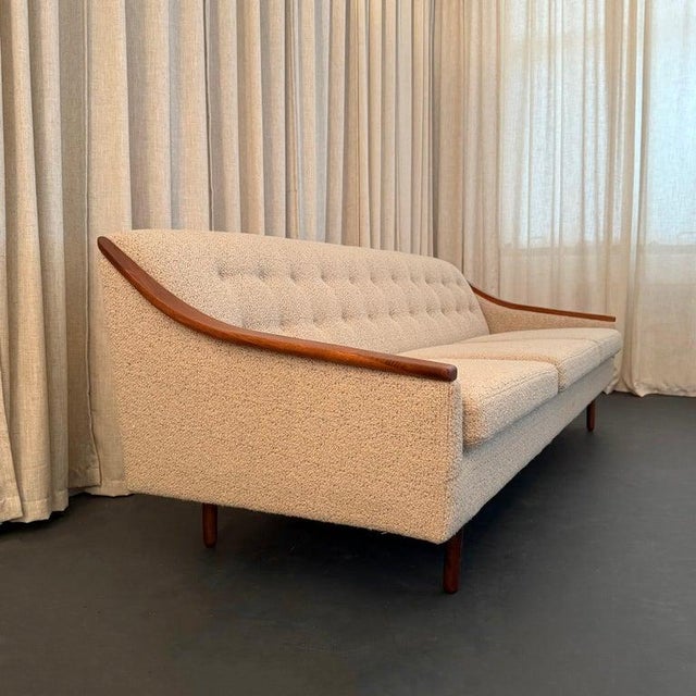 1960s Scandinavian Modern Cream Upholstered Sofa With Teak Accents For Sale In New York - Image 6 of 12
