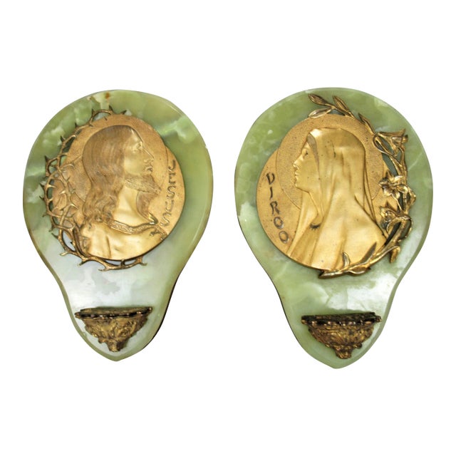 Large Holy Water Font Jesus Mary Marble Brass Spain Marqueses De Alella - a Pair For Sale