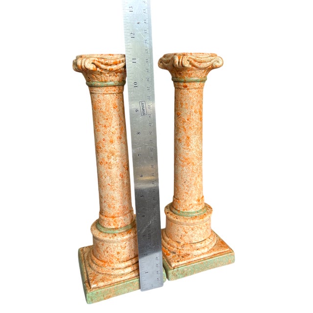 Vintage Italianate Marbleized Terracotta Pink and Green Plaster Candlestick Holders in the Form of Classical Columns - A Pair For Sale In Jacksonville, FL - Image 6 of 9