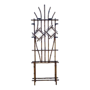 Antique Scorched Tiger Bamboo Hall Tree With Diamond Mirrors and Umbrella Stand