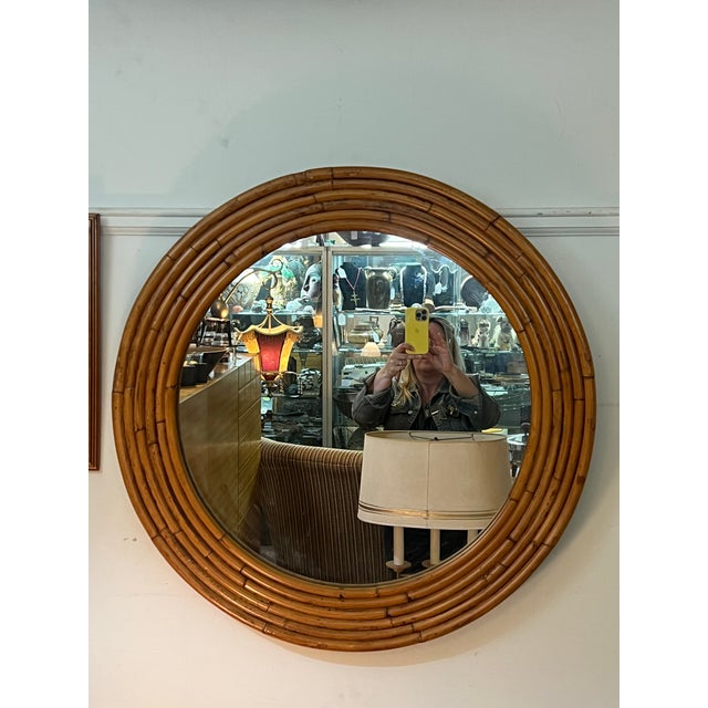 1960s Italian Mid 20th Century Burnt Bamboo Rattan Round Layered Mirror For Sale - Image 5 of 8