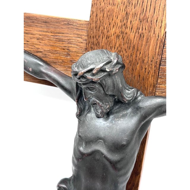 Vintage Crucifix in Bronze on Oak, 1920s For Sale - Image 12 of 15
