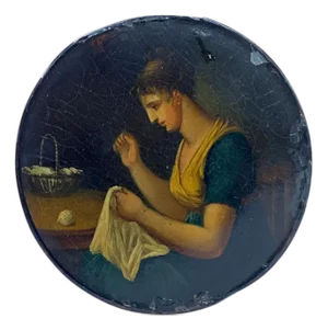 German Stobwasser-Type Lacquered Papier-Mache Snuff Box, Lady Sewing