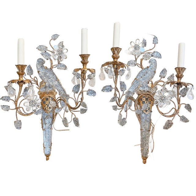 Early 20th Century Maison Bagues Crystal Parrot and Gilt Tole Two Light Wall Sconces - A Pair For Sale In Houston - Image 6 of 7