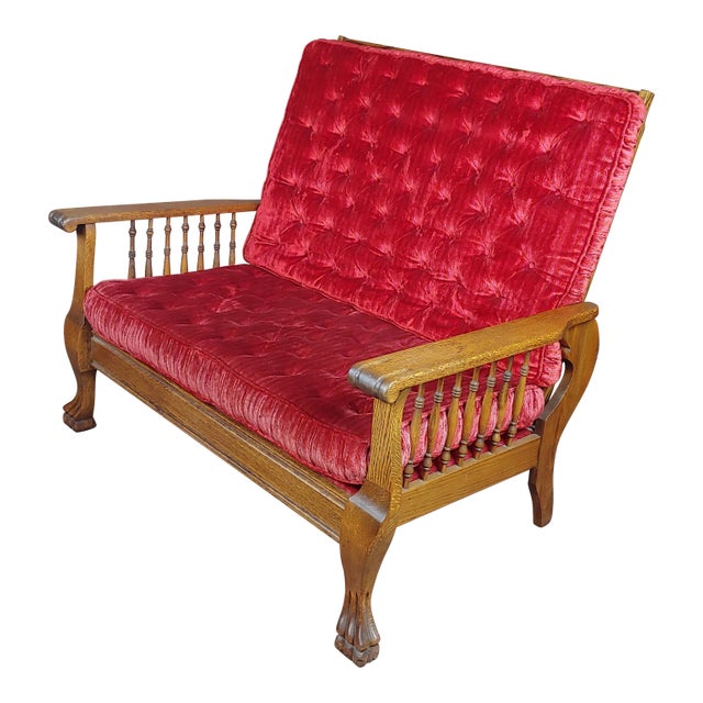1900s Vintage American Oak Antique Morris Settee With Red Velvet Cushions For Sale