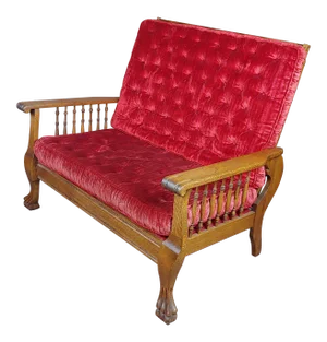 1900s Vintage American Oak Antique Morris Settee With Red Velvet Cushions