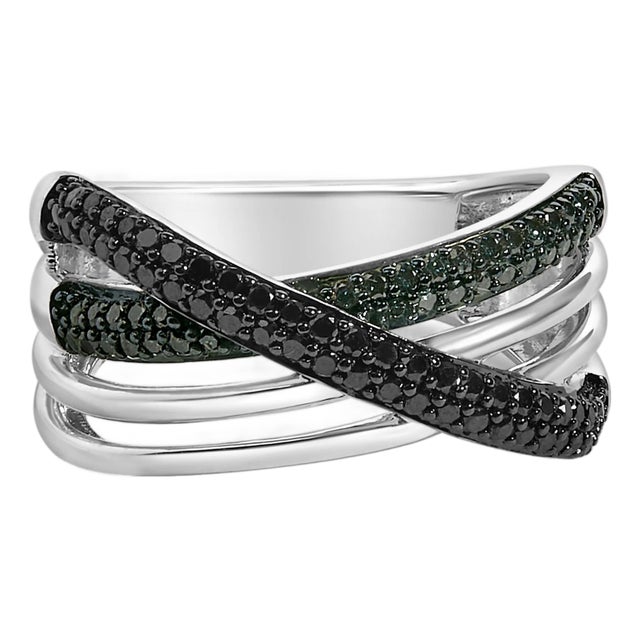 Sterling Silver 1/2 Cttw Black and Blue Diamond Crossover Bypass Ring - Size 7 For Sale