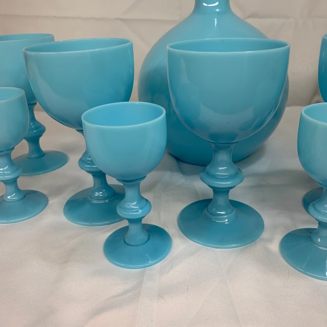 Shabby Chic Antique French Portieux Vallerysthal Blue Opaline Glass Decanter & 9 Goblets Set For Sale - Image 3 of 7