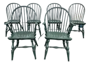 Late 20th Century Set of 6 Bow Back Windsor Dining Chairs in Green Paint