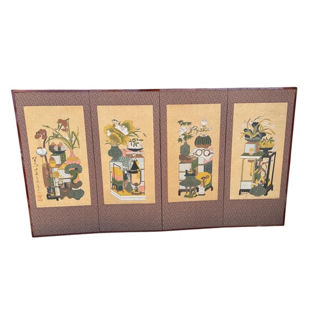 Asian Antique Vintage Authentic Korean Chaekgeori Munbangdo Four Panel Scholar Screen For Sale - Image 3 of 12