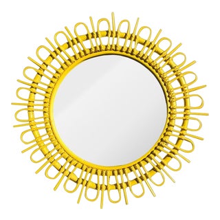 1970s Vintage Rosenthal Netter Style Round Yellow Sunburst or Starburst Rattan Bamboo Mirror For Sale