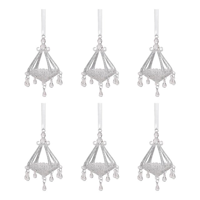 Chandelier Glass Holiday Ornaments, Set of 6, Silver For Sale