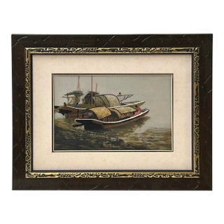 Vintage Embroidery River Vessel Boats Rectangular Framed Art For Sale