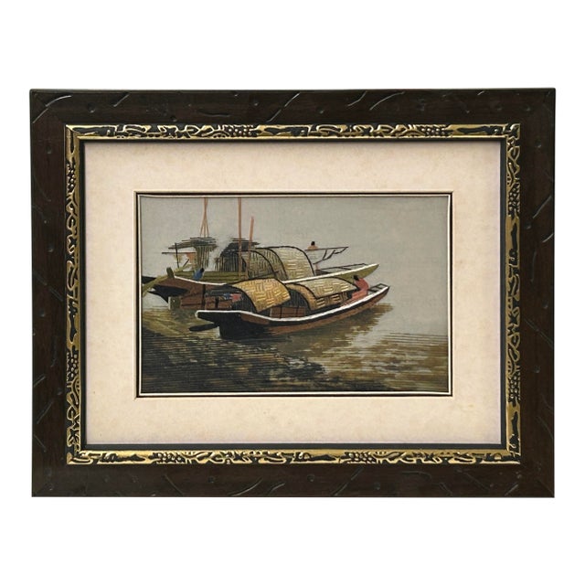 Vintage Embroidery River Vessel Boats Rectangular Framed Art For Sale