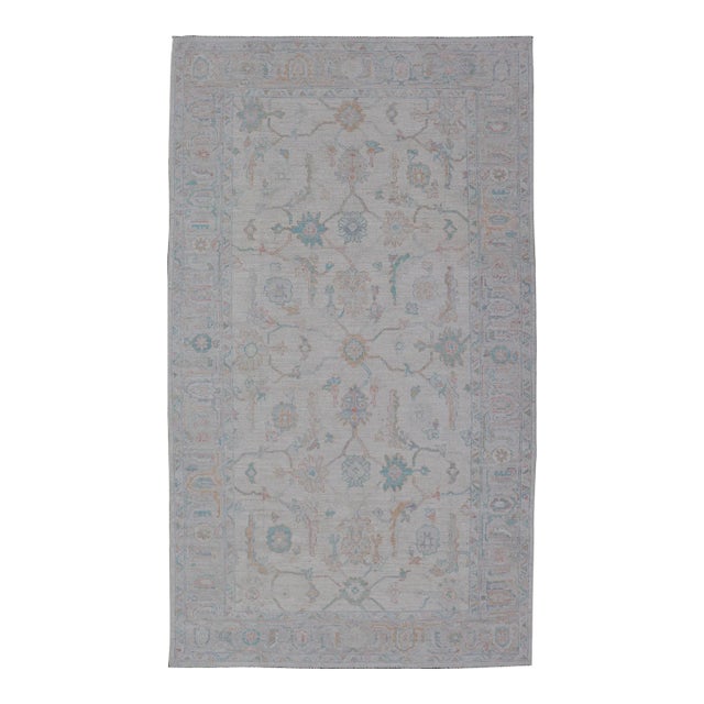 Modern Afghan Oushak Rug in Muted Ivory, Light Blue, and Peach Accents 6'2 X11'9 For Sale