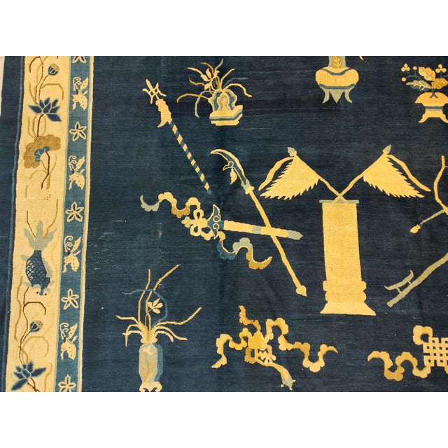 Navy Blue 1880s Navy Blue and Tan Chinoiserie Pattern Floral Antique Chinese Peking Rug For Sale - Image 8 of 8