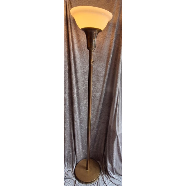 Art Deco German Floor Lamp with Brass Base and White Glass Shade, 1920s For Sale - Image 3 of 11