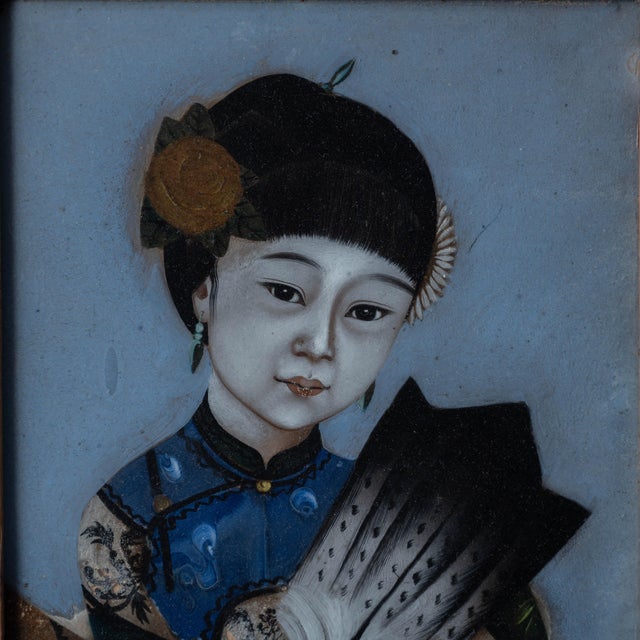 Chinese Reverse Glass Portrait of a Beauty With Fan, Circa 1880 For Sale - Image 4 of 9
