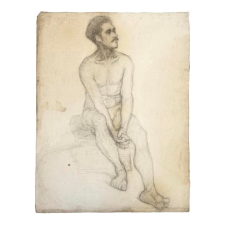 Antique French Realist Male Figurative Study (Charcoal on Woven Cream Paper) For Sale