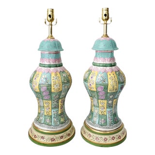 Paiir Chinese Lamps Made of Hand Painted Porcelain Baluster Shaped With Heavy Famille Rose Glaze and Hand Painted Wood Bases - Restored For Sale
