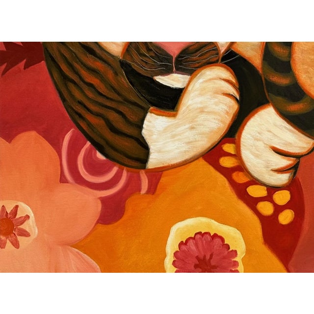 Contemporary Marc Zimmerman "Tom" Oil Painting, Sleeping Tabby Cat, Blazing Red and Pink Floral Background, Vivid Palette, Contemporary Art West Coast For Sale - Image 3 of 7