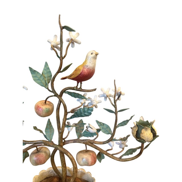 Vintage Italian Tole Espalier / Espaliered Tree Sculpture, Fruit Tree, Bird, Blossoms, & Apples in Scalloped Oval Pot For Sale - Image 4 of 7