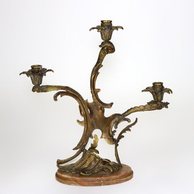 Pair of Antique French Rococo Bronze Candelabras With Marble Bases C1890 For Sale - Image 9 of 12