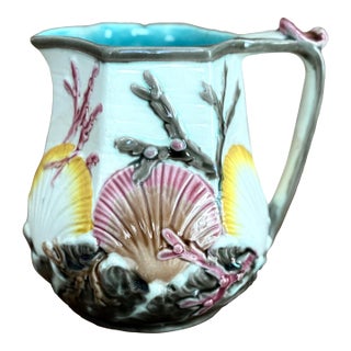 Antique Wedgwood Majolica Seashell Pitcher – Turquoise Interior, Victorian Seaweed Pattern (C. 1870s) For Sale