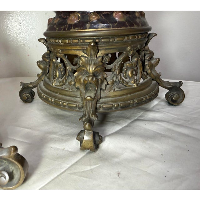 Rare Pair Antique 19th Century Hinks & Son Duplex Electrified Porcelain Bronze Oil Lamp For Sale - Image 9 of 15