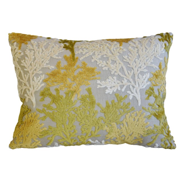 Nautical Coastal Gold, White & Green Coral Cut Velvet Feather/Down Pillow 24" X 18" For Sale - Image 4 of 5