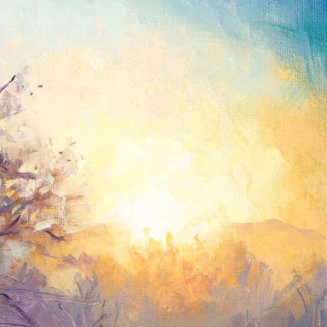 This oil on canvas depicts a solitary tree enveloped in frost, illuminated by the soft, golden light of dawn breaking...