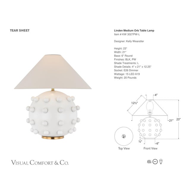 Kelly Wearstler by Visual Comfort Signature Linden Medium Orb Table Lamp in Plaster White with Linen Shade Designer: Kelly...
