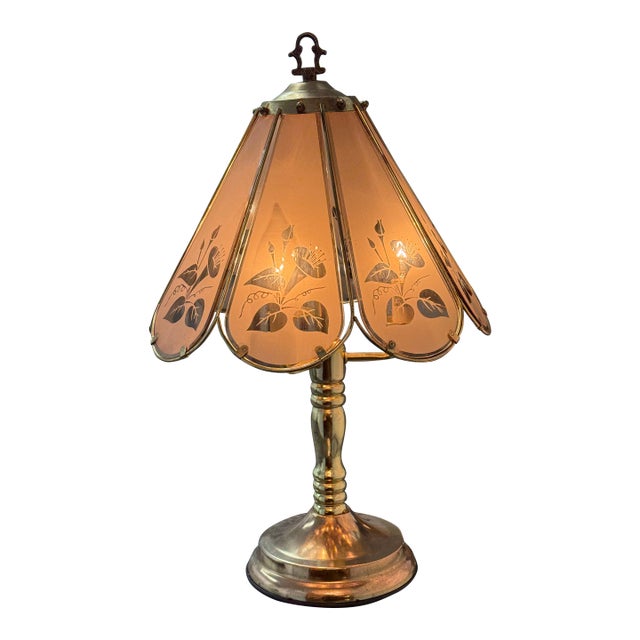 Vintage Marco Polo Floral Etched Glass Table Lamp For Sale