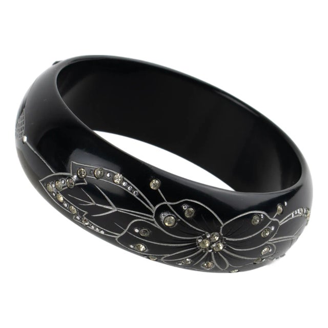 Art Deco Black Galalith Jeweled Bracelet Bangle With Carved Floral Design For Sale