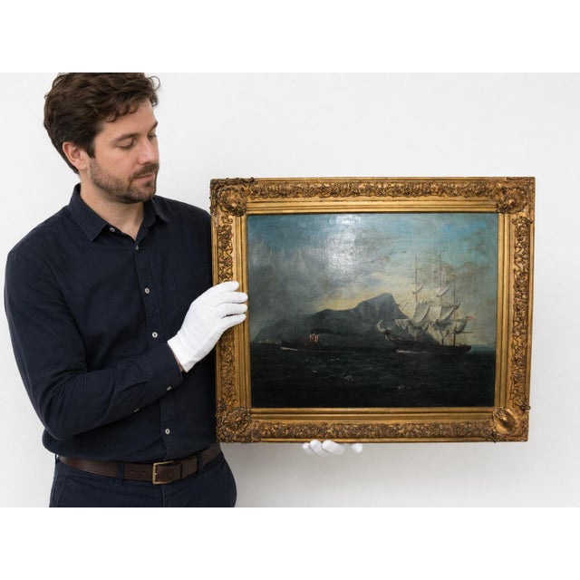 American Sailing Vessel Off Gibraltar, Early 20th Century, Oil Painting on Canvas, Framed For Sale - Image 7 of 11
