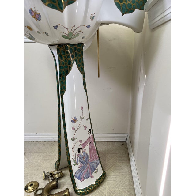 Rare Sherle Wagner Chinoiserie Hand-Painted Porcelain Pedestal Sink & Gilt Hardware Set For Sale - Image 12 of 18
