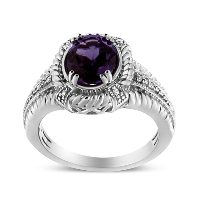 Early 21st Century .925 Sterling Silver Prong Set Natural Oval Shape 9X7 MM Purple Amethyst Solitaire and Diamond Accent Ring, Size 7 For Sale - Image 5 of 7