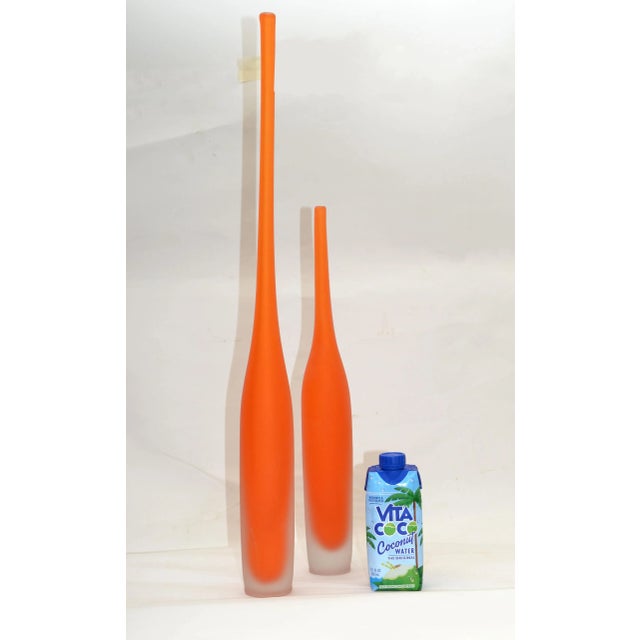 Mid-Century Modern Set of 2 Italian Orange Scavo Glass Wheat Vases, Vessel Mid-Century Modern 1980 For Sale - Image 3 of 12
