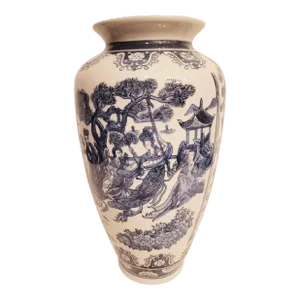 Vintage Blue White Ceramic Chinoiserie Pagoda Garden Scene Vase