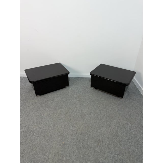 Vintage Low Italian Wooden Bedside Tables with Glossy Lacquered Finish, 1970s, Set of 2 For Sale - Image 4 of 14
