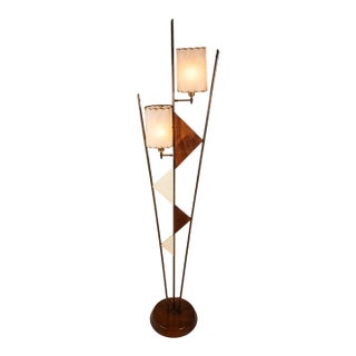 Mid-Century Modern Art Deco Atomic Era Custom-Made Floor Lamp W/ Geometric Shapes in Walnut & Brass, Usa, C. 1950s For Sale