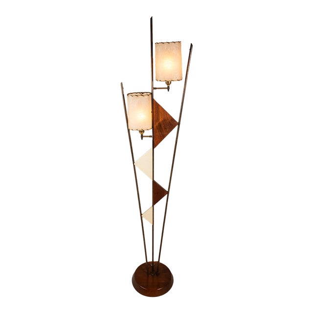 Mid-Century Modern Art Deco Atomic Era Custom-Made Floor Lamp W/ Geometric Shapes in Walnut & Brass, Usa, C. 1950s For Sale