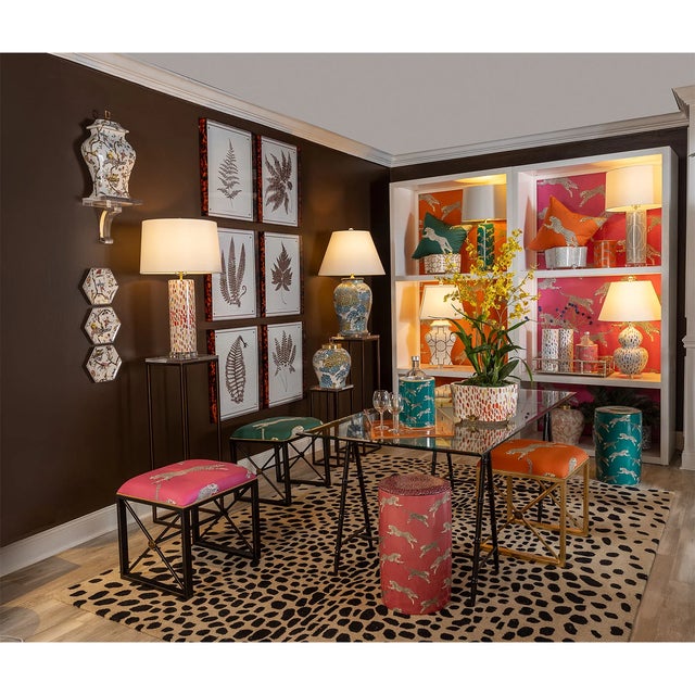 Transitional Scalamandre Maison by Port 68 Leaping Cheetah Pink Garden Stool For Sale - Image 3 of 4