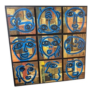 1970s Peter Keil Large Blue 9 Faces Abstract Painting For Sale
