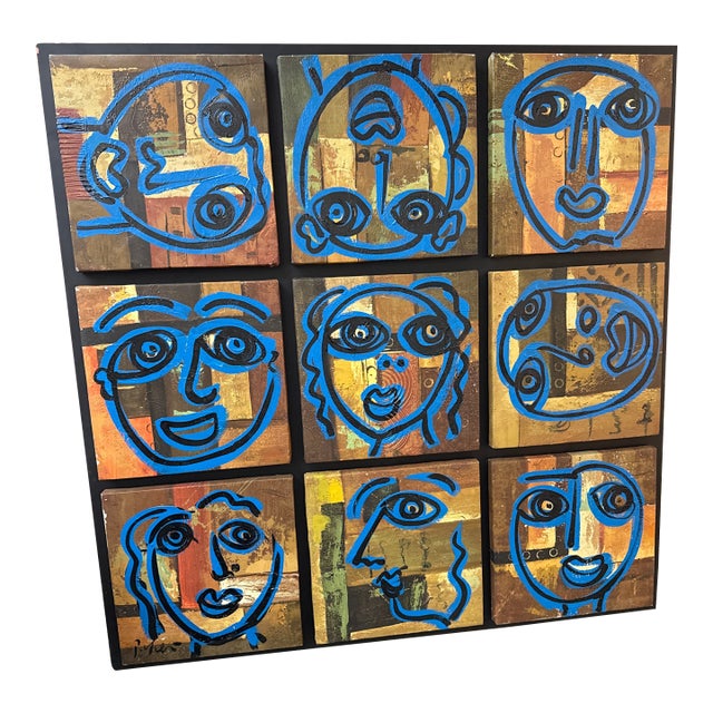 1970s Peter Keil Large Blue 9 Faces Abstract Painting For Sale