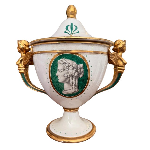 Art Deco Vintage Ugo Zaccagnini Italian Neoclassical Urns With Faux Malachite Cartouches - A Pair For Sale - Image 3 of 15